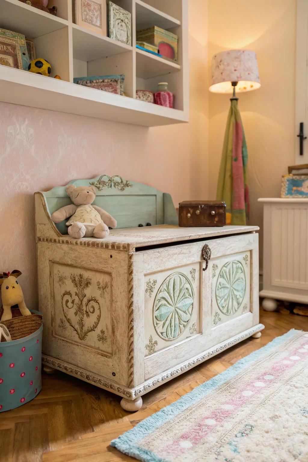 A vintage-inspired toy box adds charm and warmth to any child's space.