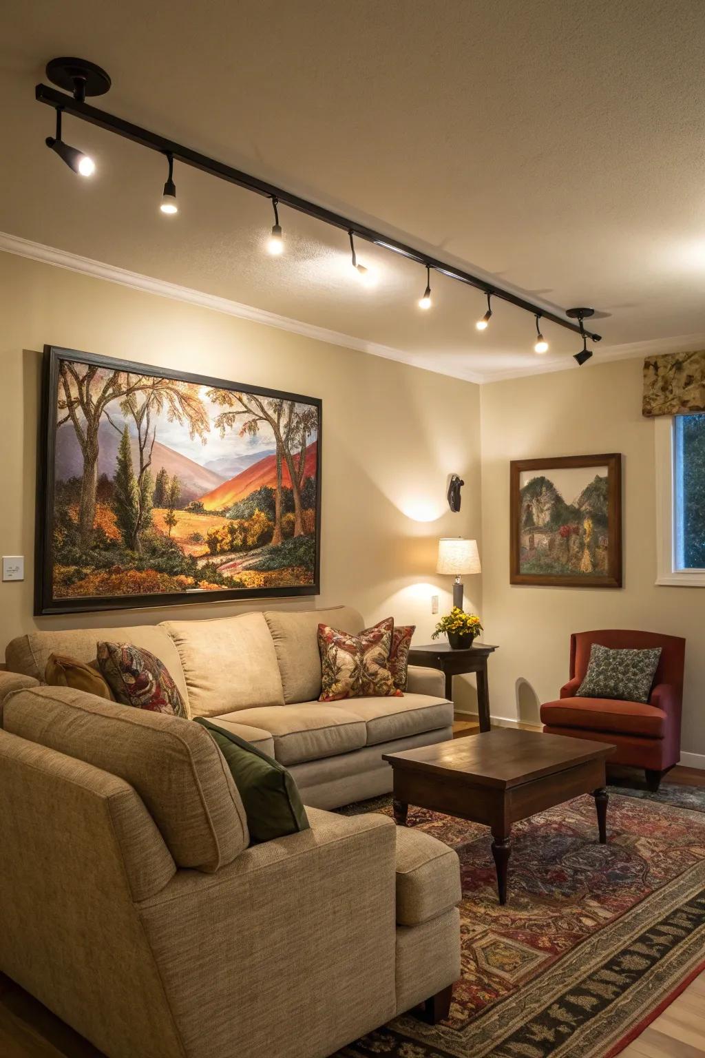 Track lighting emphasizing beautiful artwork in the living room.