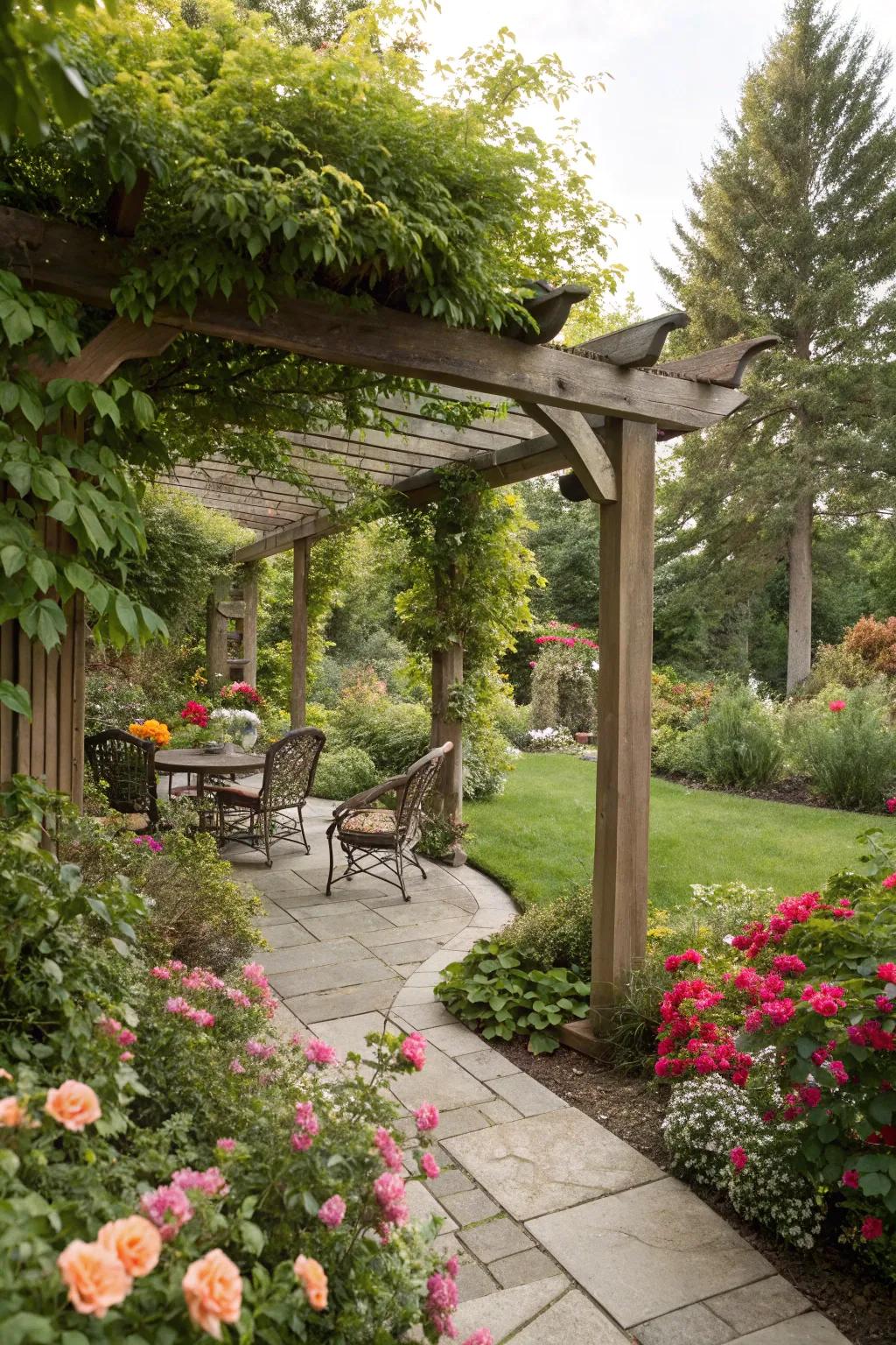 A trellis arbor elegantly divides outdoor spaces.