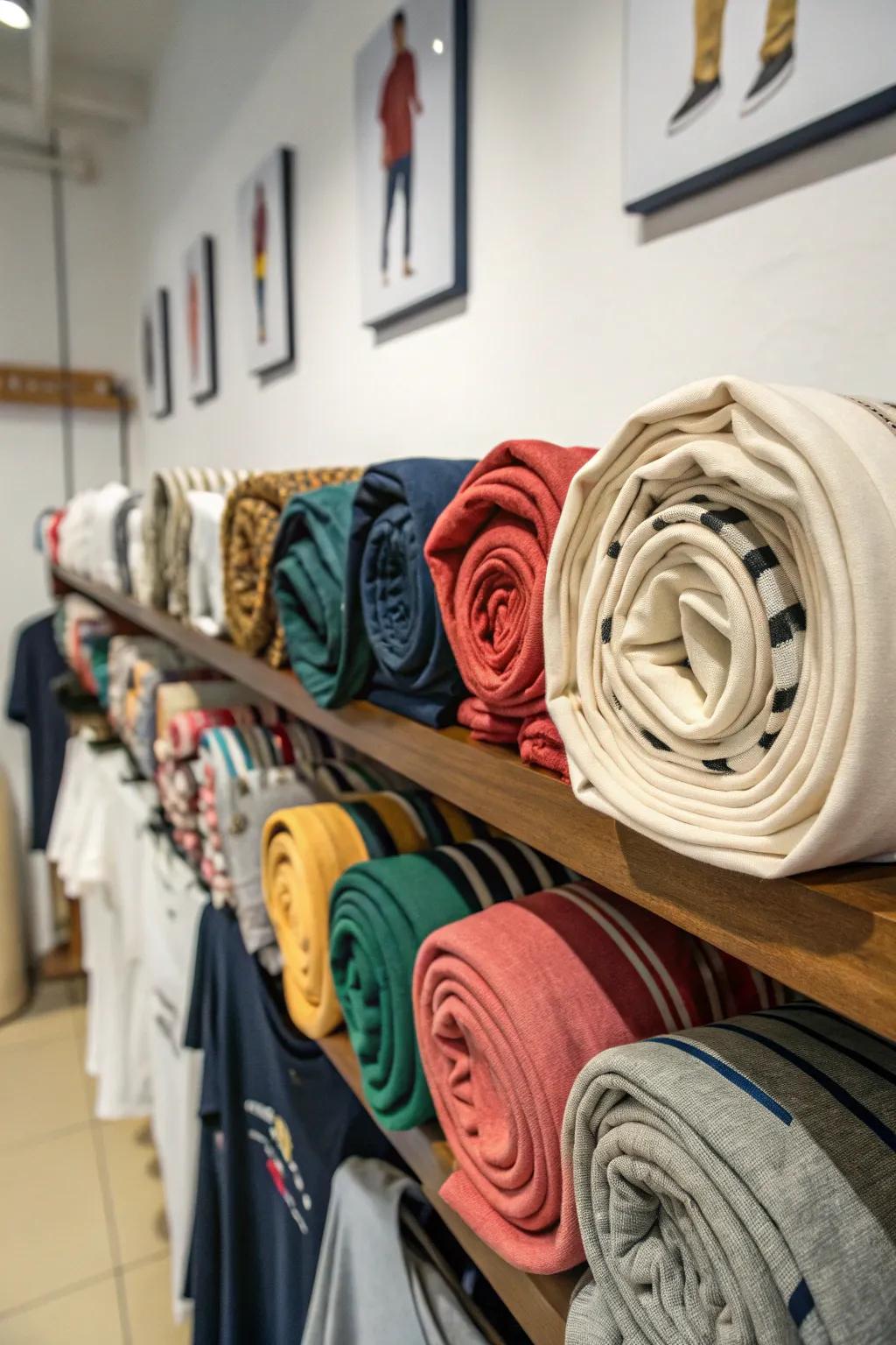 Rolled t-shirts stored neatly on a hanging shelf.