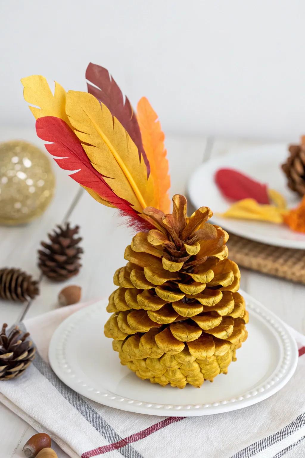 Rustic charm meets minimalist elegance with this delightful pinecone turkey centerpiece.