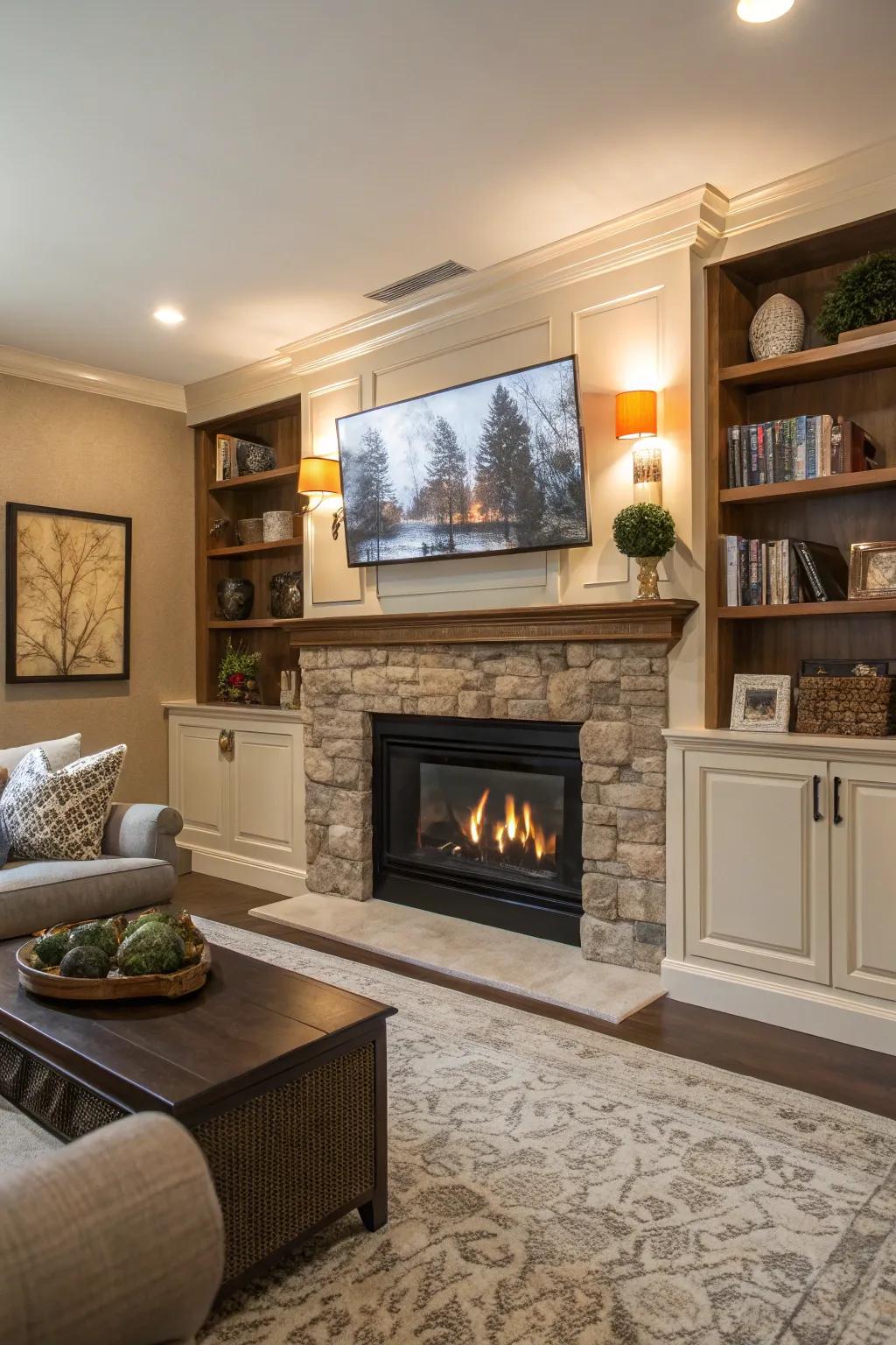 Mounting a TV above the fireplace creates a unified focal point.