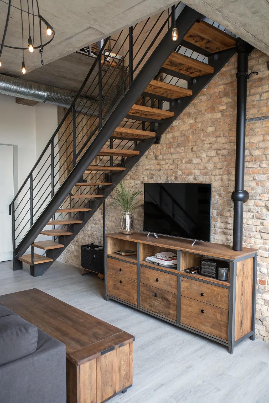 An industrial-style living room with a TV unit under a modern staircase.