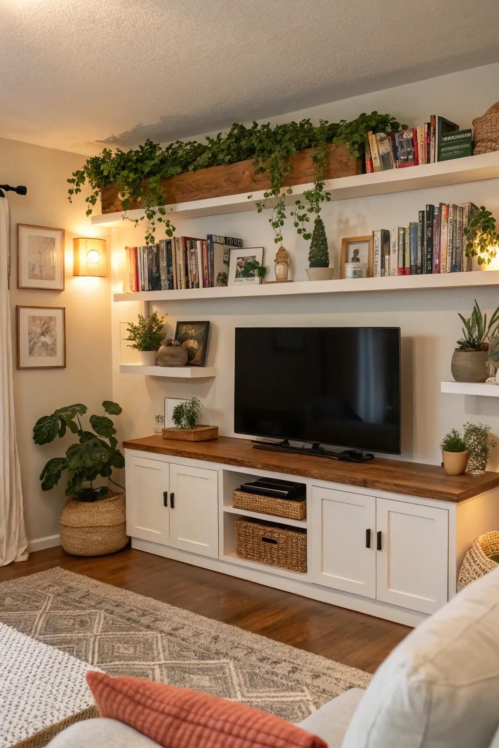 Floating shelves add both storage and style to your TV wall.