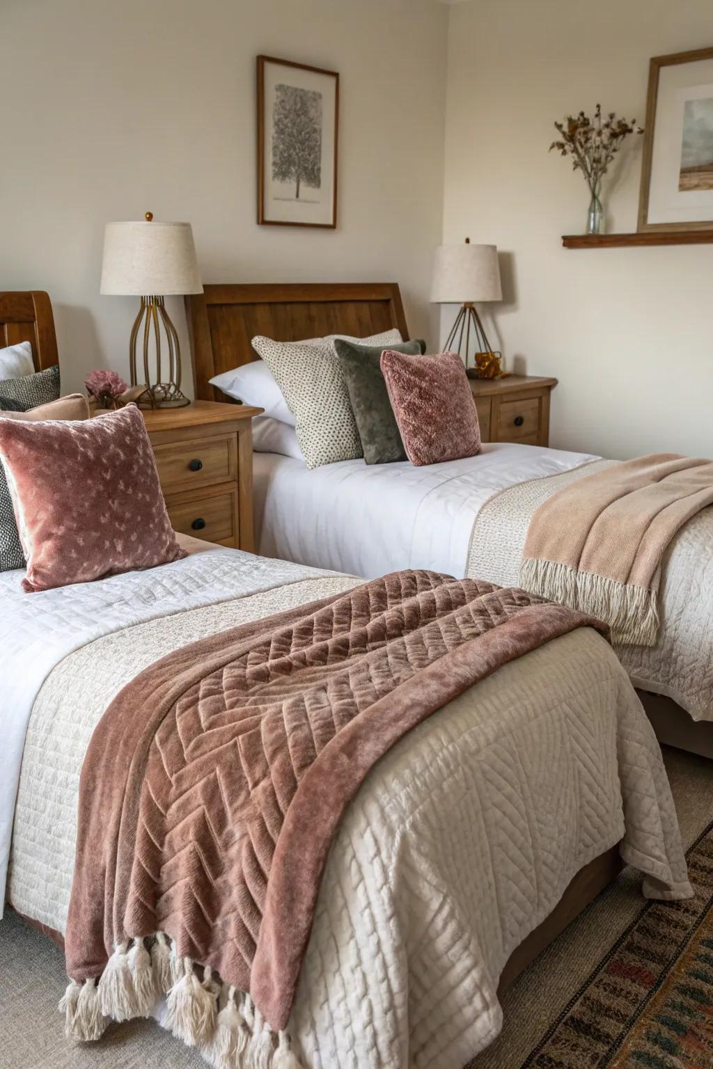 Textural layers create a cozy and inviting twin bedroom.