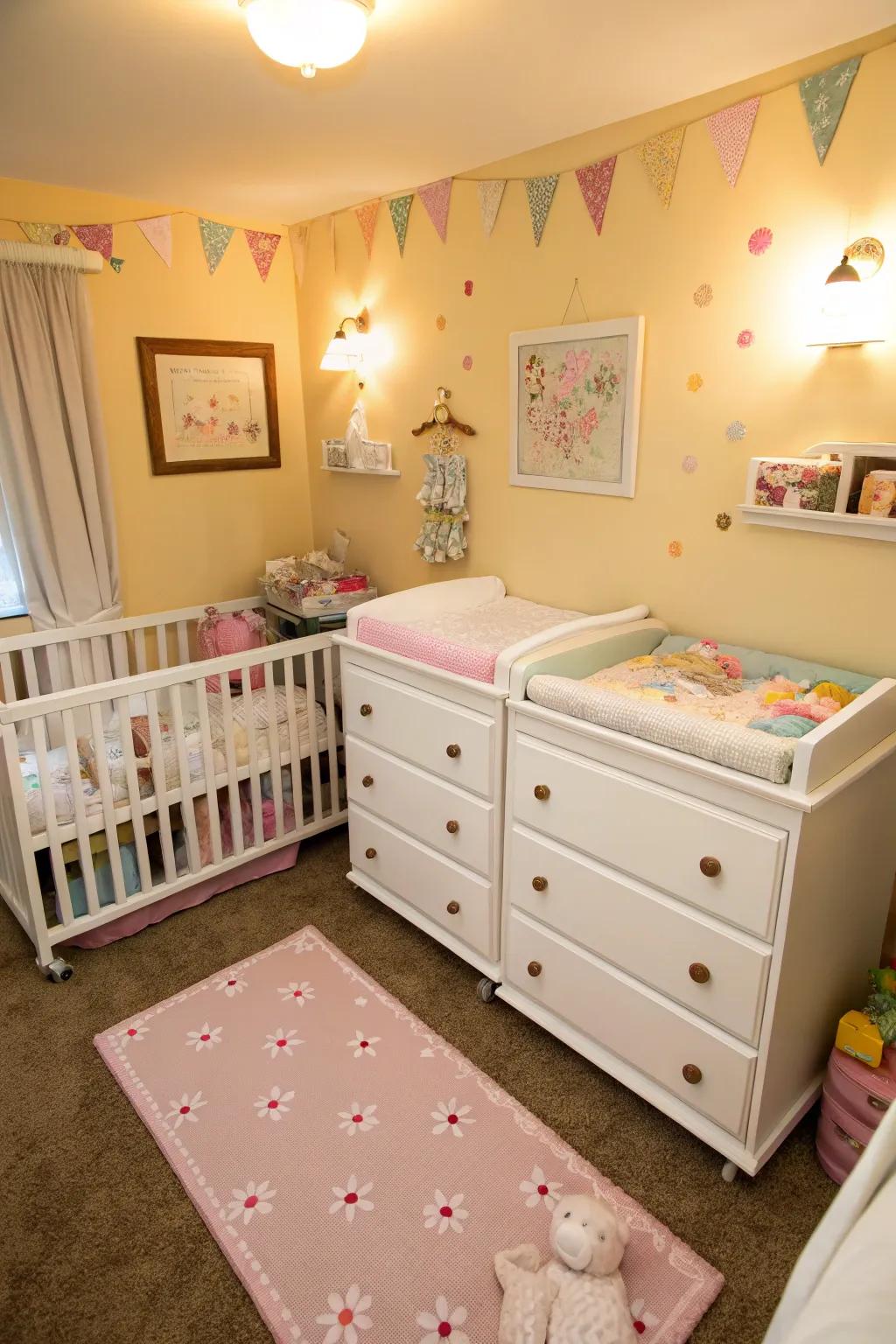 Streamlined furniture choices for a tidy, efficient nursery.