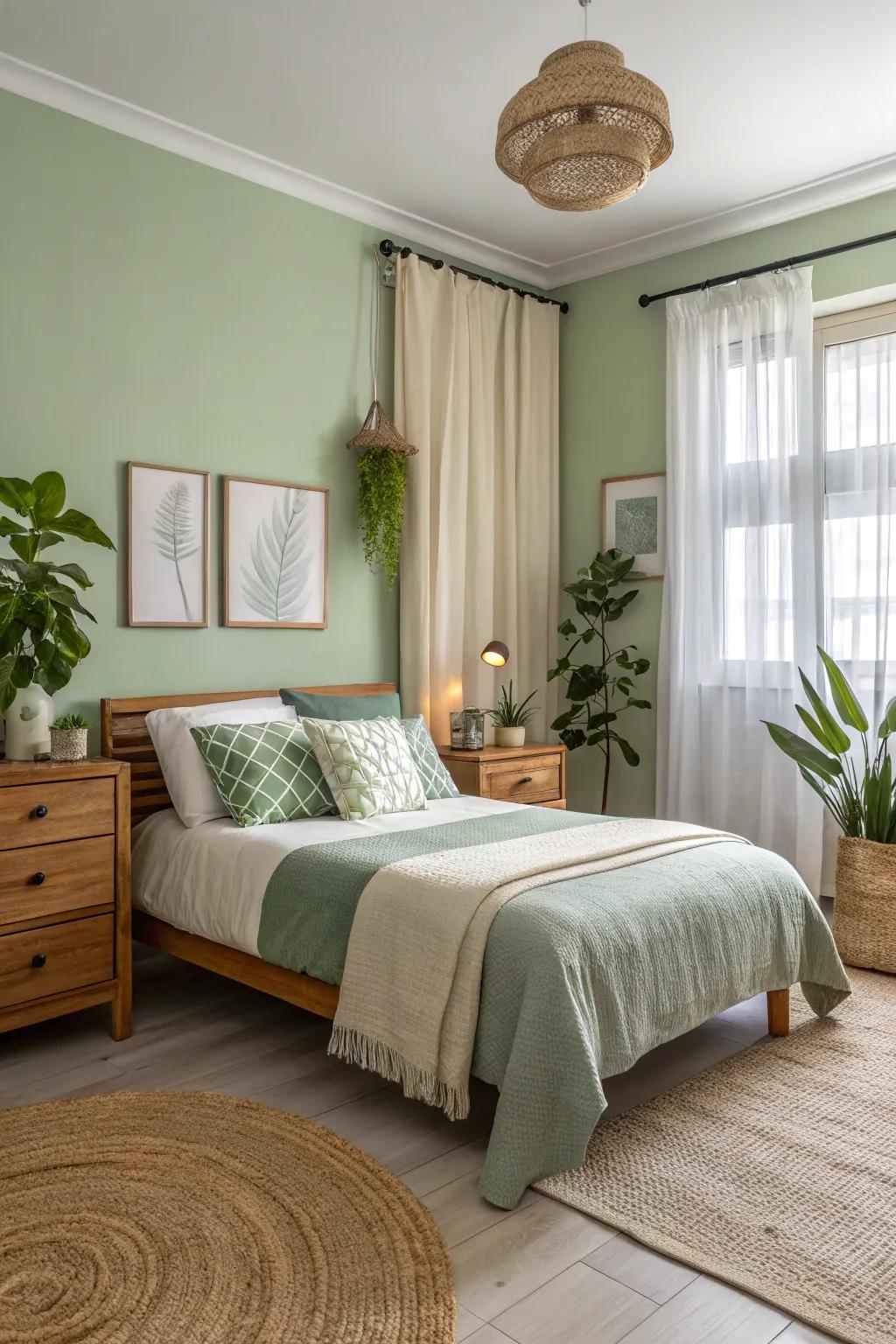 A tranquil two-tone bedroom in sage green and cream with natural accents.