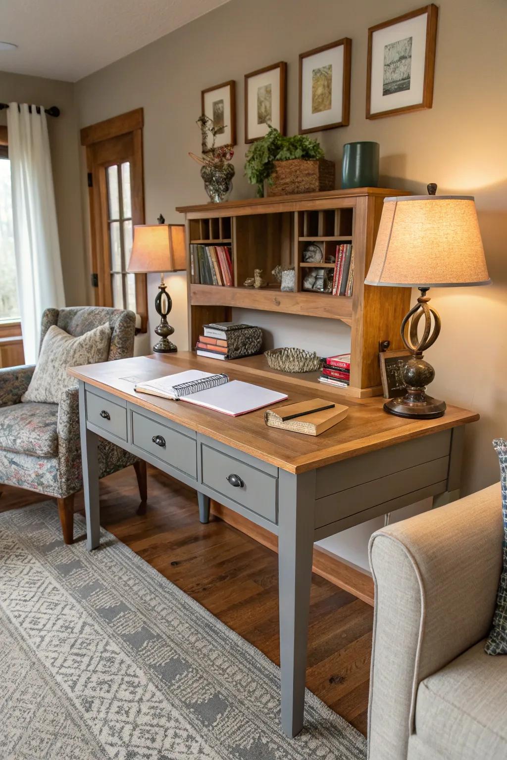 Natural wood and gray tones blend for a tranquil desk design.