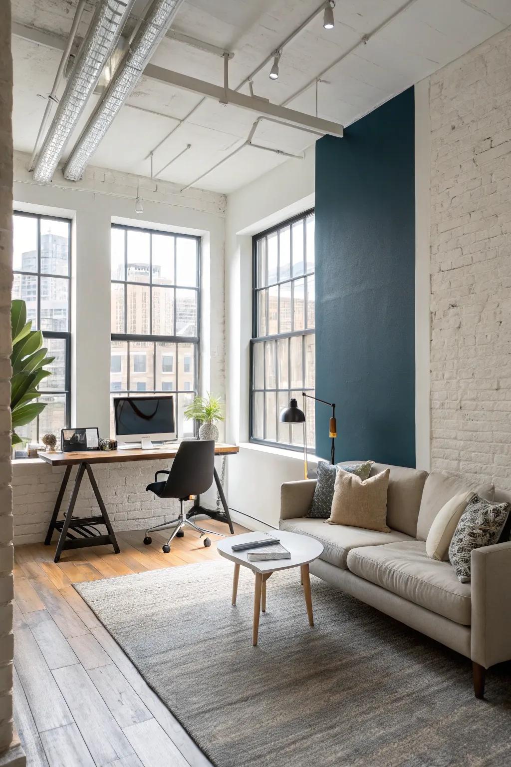 A studio apartment showcasing a vertical two-tone wall for zoning.