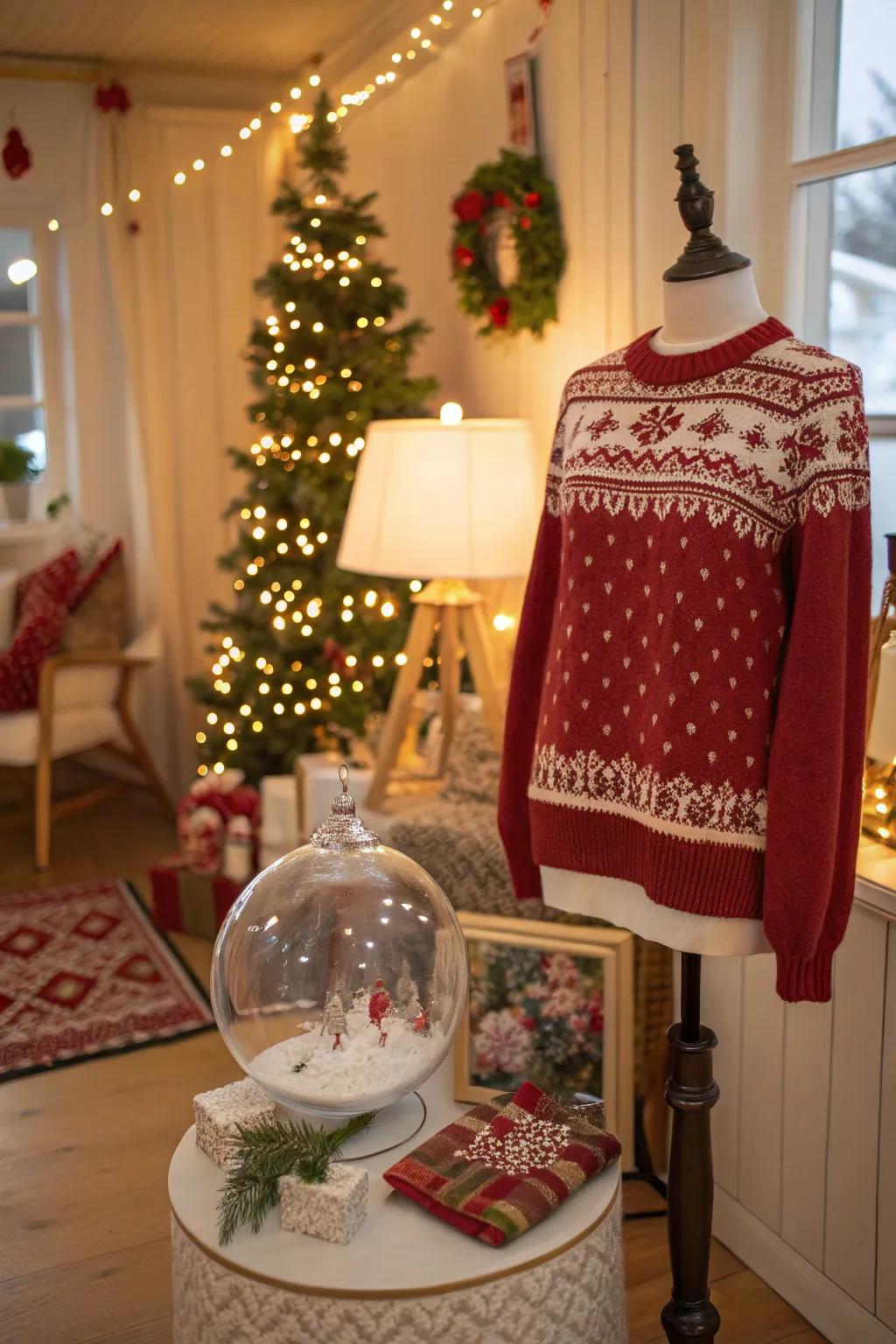 A playful snow globe sweater that captures the whimsy of winter.