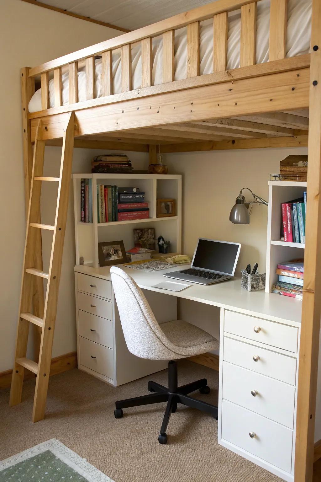 A functional mini office space below a loft bed.