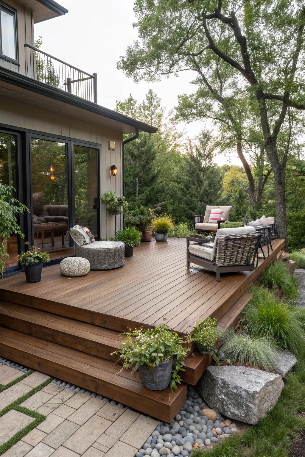 A floating wooden deck elegantly conceals uneven ground while offering a warm, inviting area.