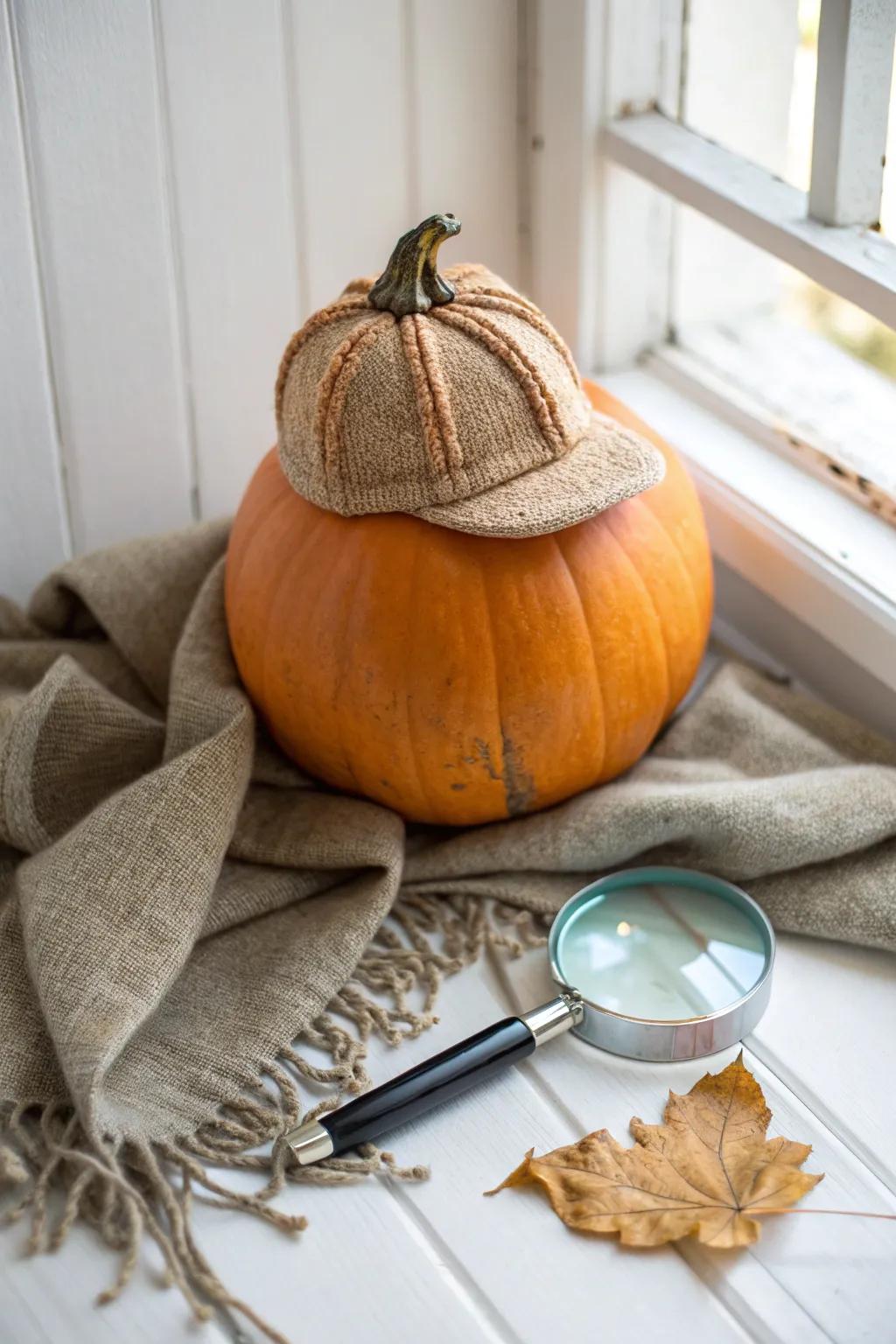 Solve mysteries with style: A detective-themed pumpkin that embodies minimalist elegance and Boho chic.