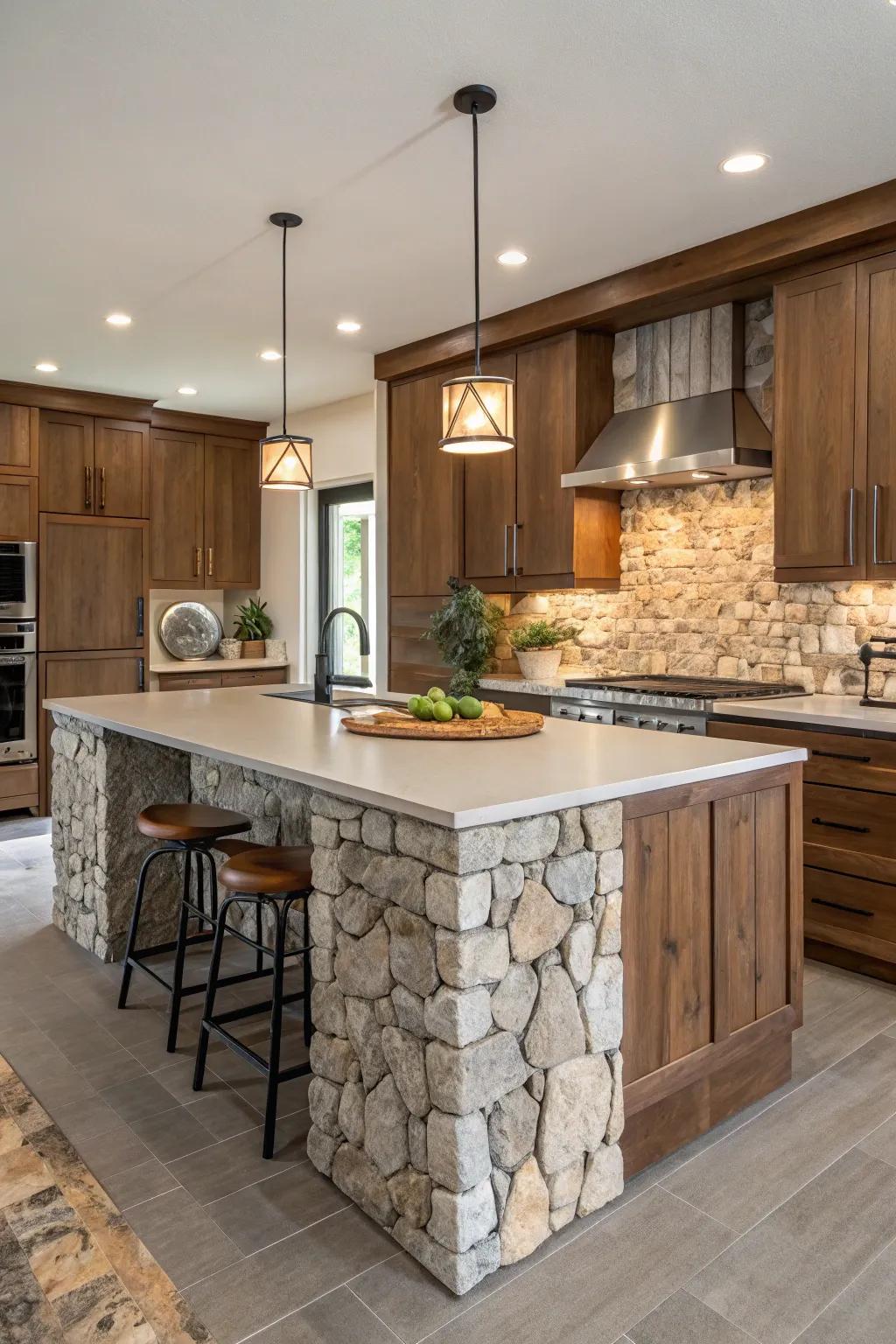 A mixed media countertop combines different textures for a versatile and stylish kitchen.