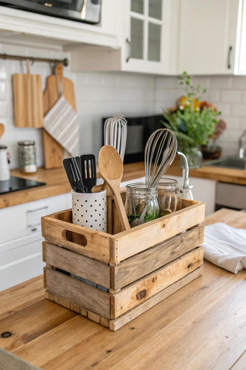 Wooden crates offer a rustic charm for utensil storage.