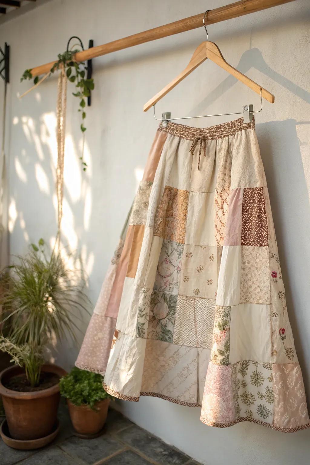 Embrace boho-chic with a stunning patchwork skirt crafted from cherished fabric scraps. #PatchworkPerfection