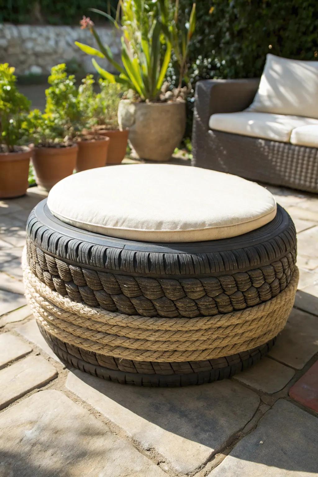 Elevate your patio with a handcrafted tire ottoman—where sustainability meets style.