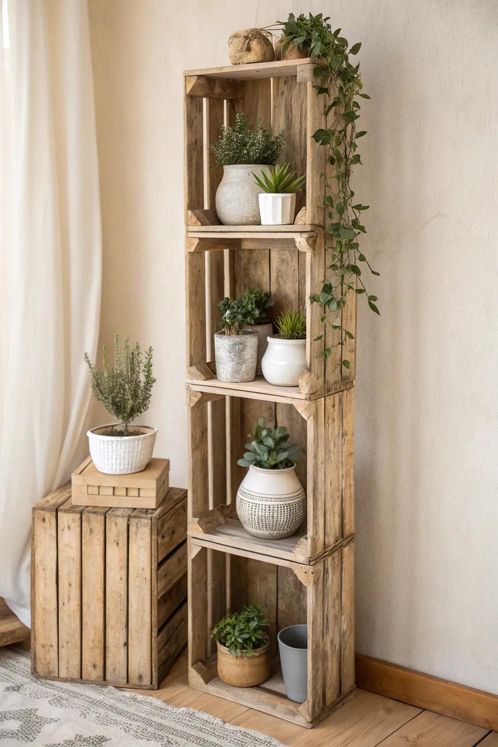 Discover the charm of upcycled elegance with these vintage crate shelves.