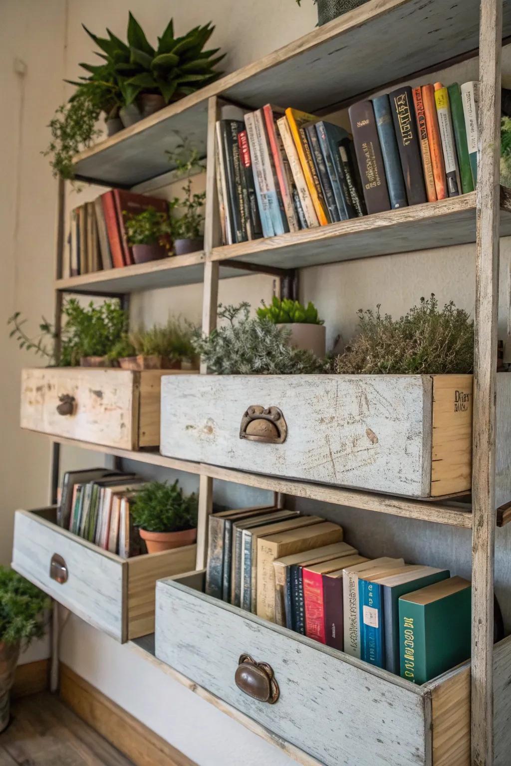 Old drawers make charming bookshelves with a pop of color.