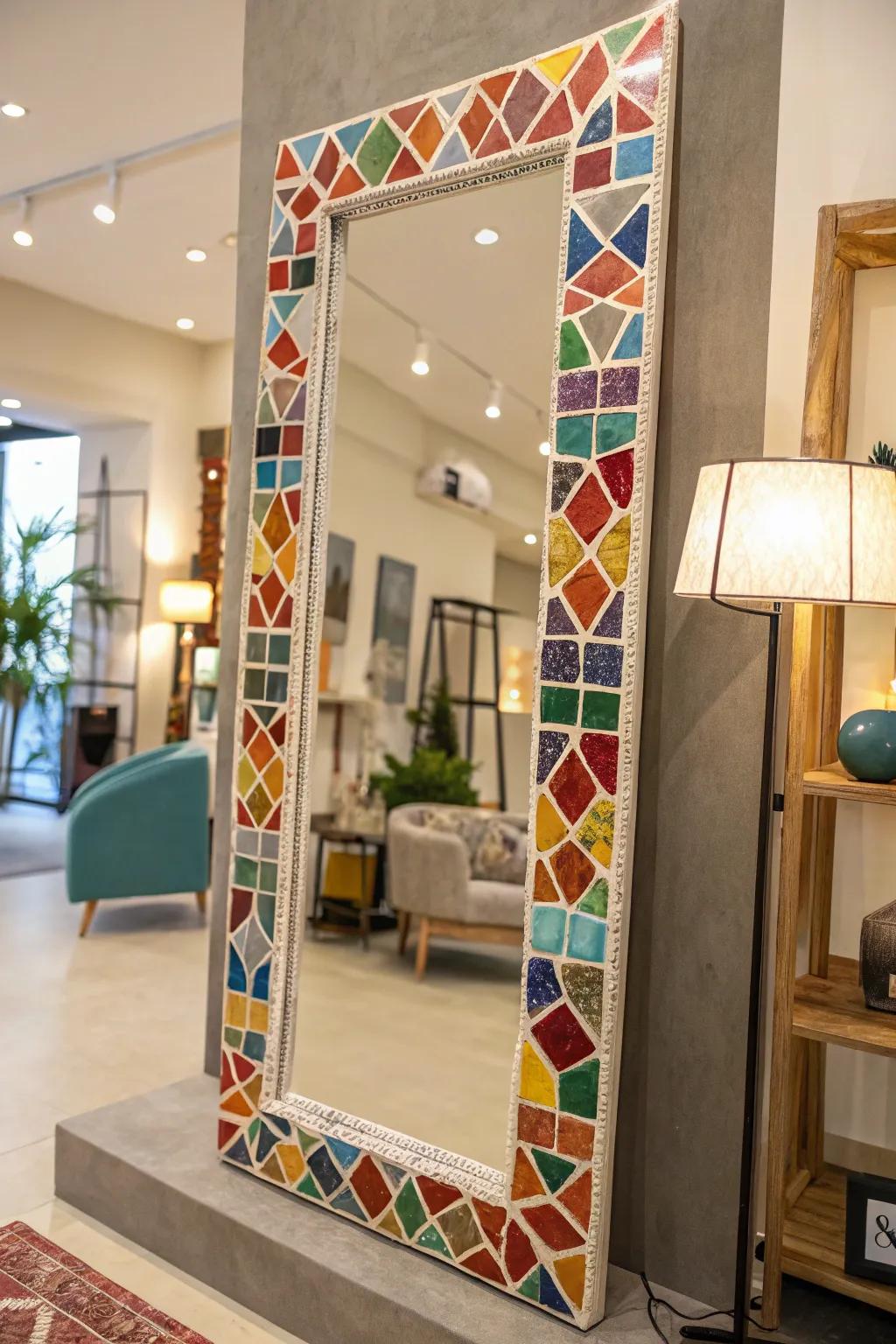 Turn broken tiles into a dazzling mosaic border for your mirror.