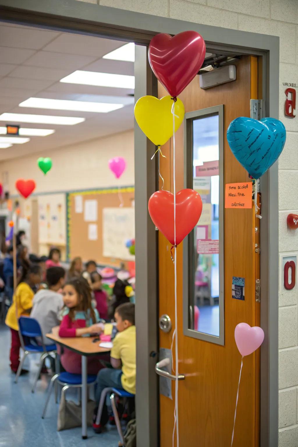 Floating heart balloons bring a whimsical touch to this classroom door.