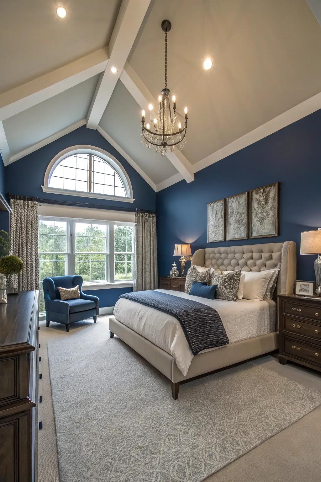 A bold ceiling color can make a dramatic statement in a master bedroom.