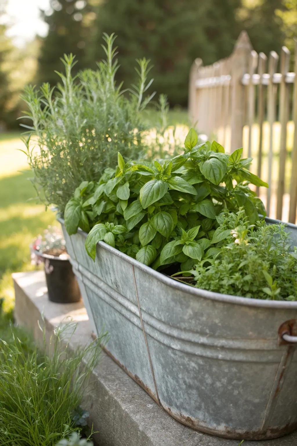 Transform your garden with a rustic twist: herbs thriving in a galvanized metal trough.