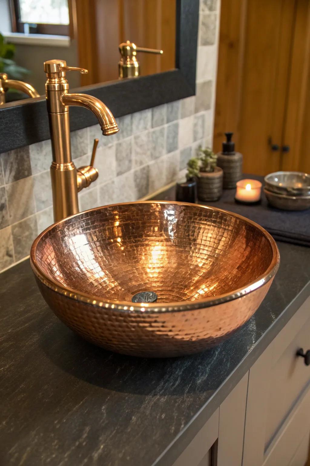 Elevate your bathroom with the timeless elegance of a handcrafted copper vessel sink.