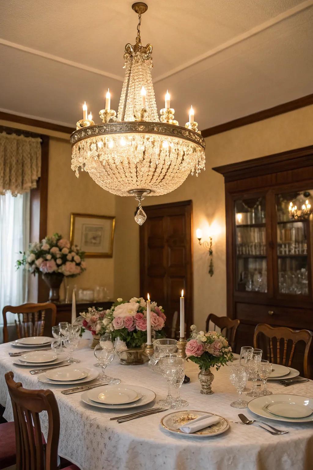 A sparkling crystal chandelier adds elegance to this vintage-inspired dining room.