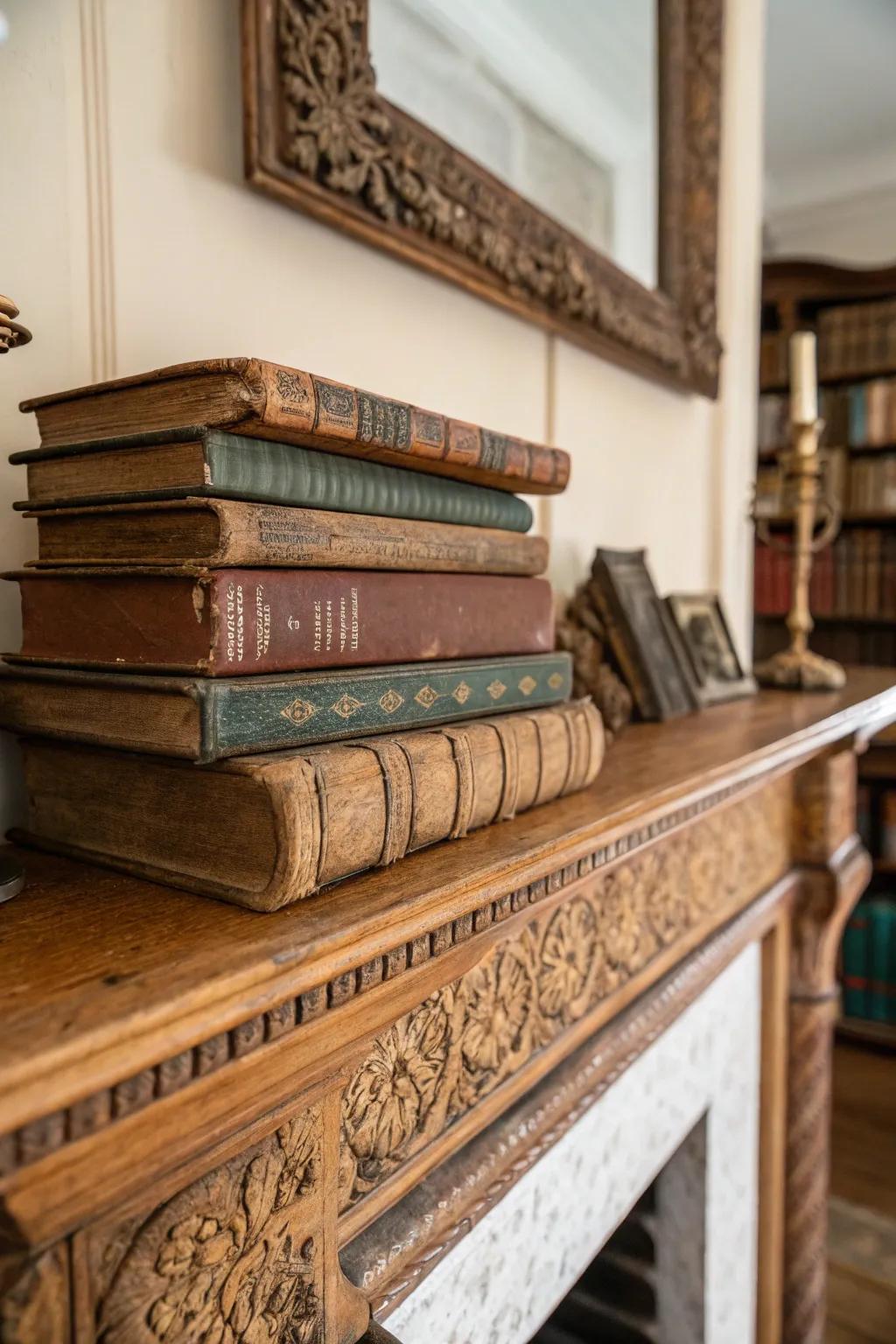 Antique books bring warmth and history to this vintage mantel.