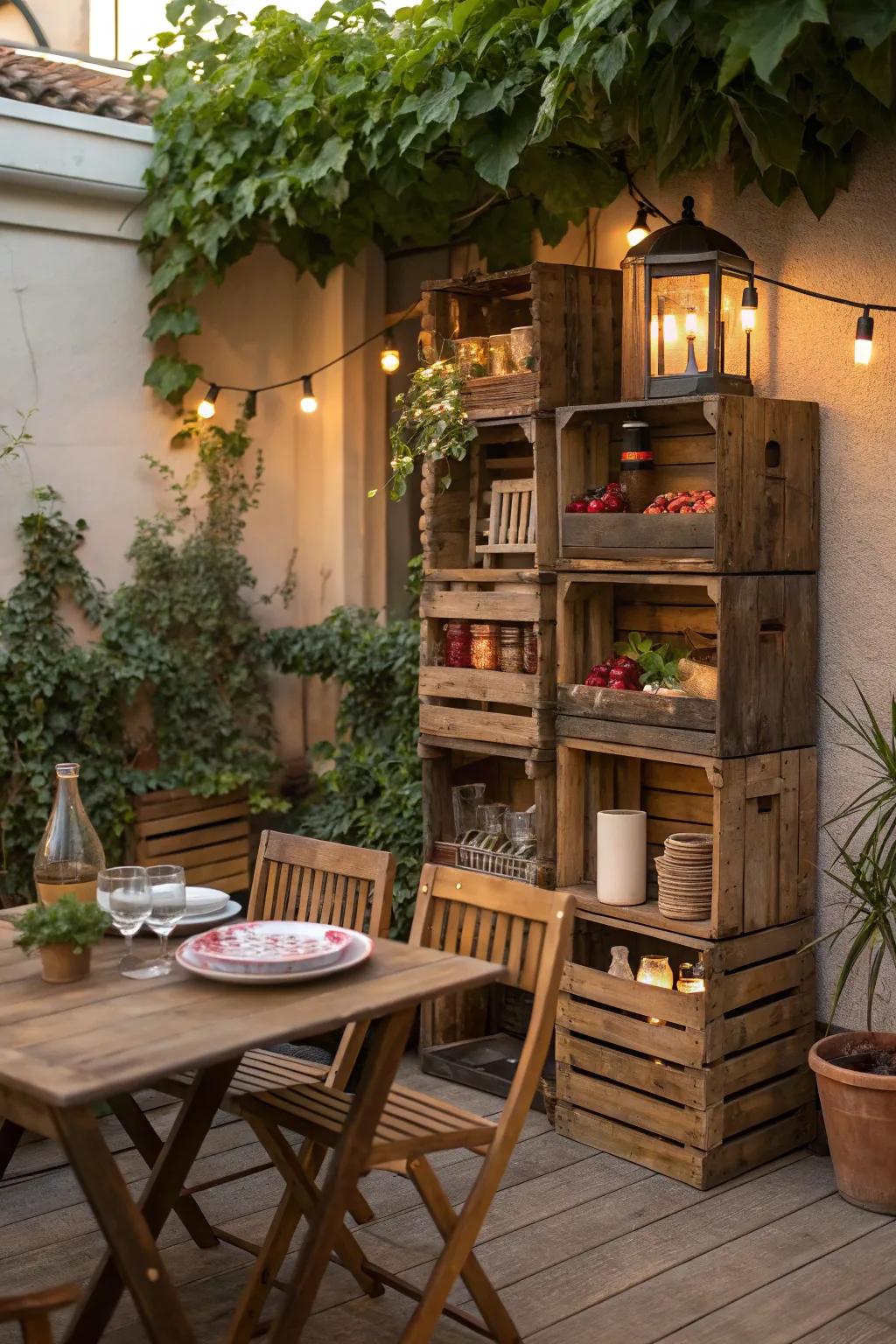 Vintage crates creatively stacked to form functional shelves on a cozy patio.