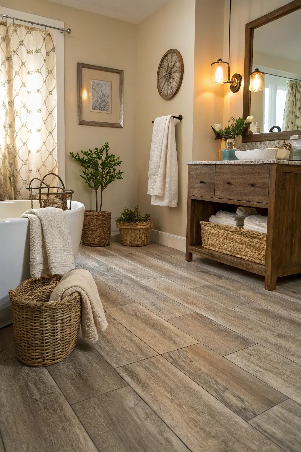 Wood-like vinyl adds warmth and charm to this bathroom.