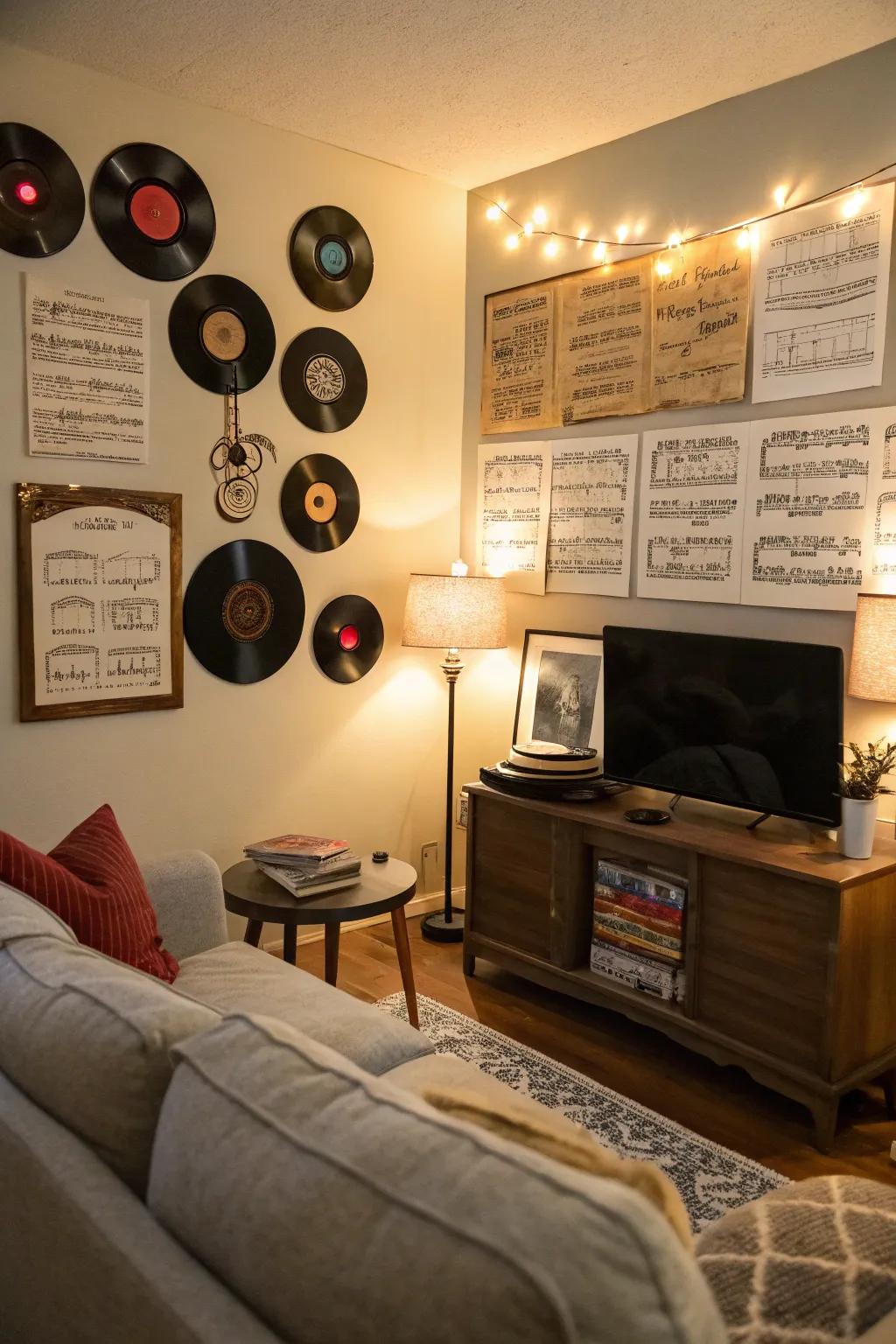 Combine vinyl records with vintage sheet music for a nostalgic vibe.