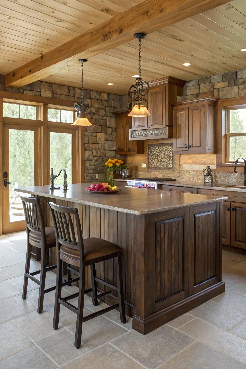 Wooden wainscoting adds rustic charm to this kitchen island.