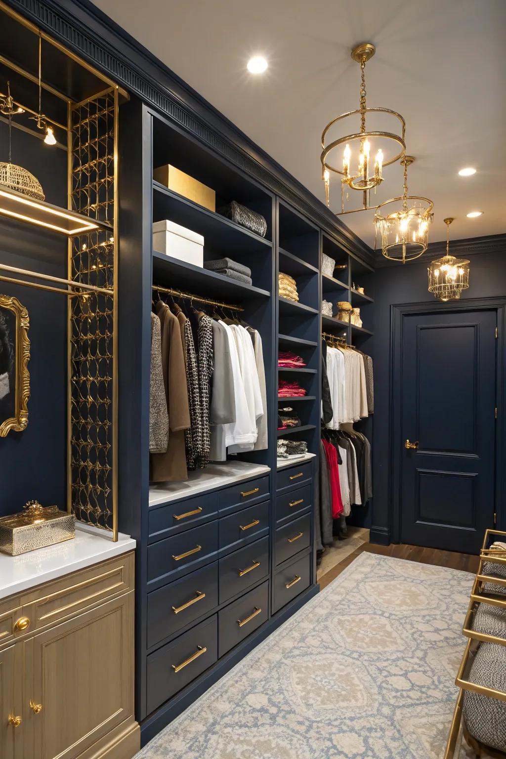 Bold colors create a dramatic and luxurious closet space.