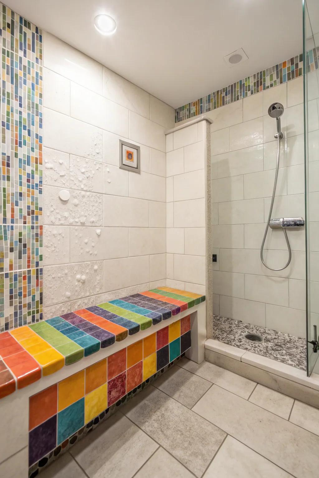 A vibrant bench becomes the centerpiece of this modern shower.