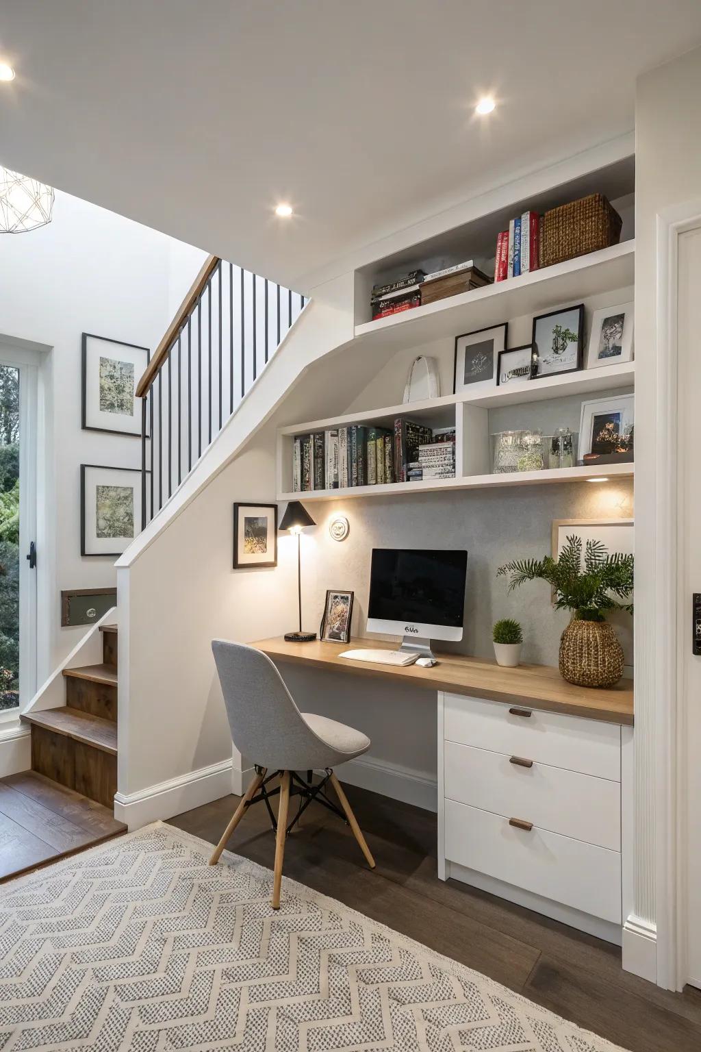 A functional home office seamlessly integrated into a wall bump out.