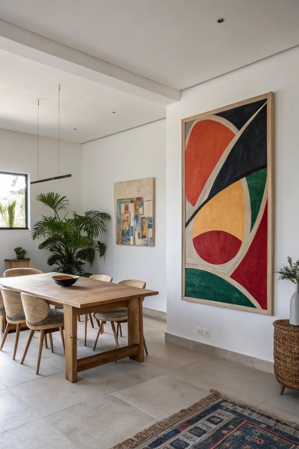 A large abstract painting adds drama to a minimalist dining room.