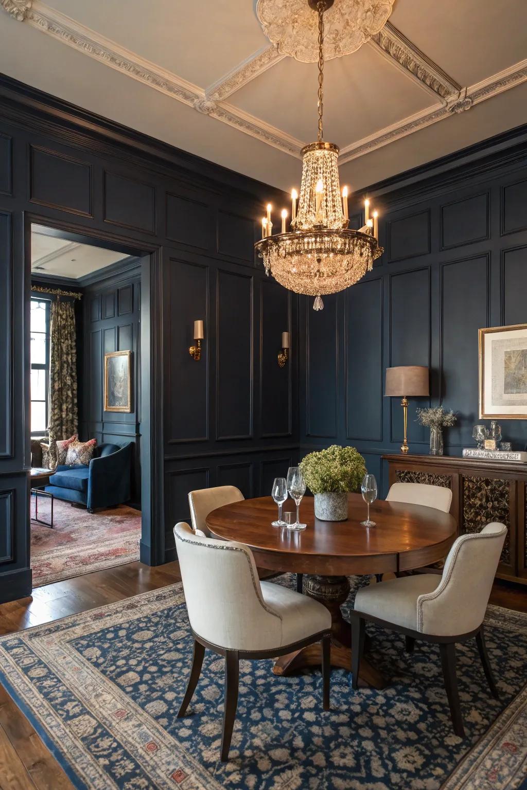 Dining room with bold, deep navy painted wood paneling.