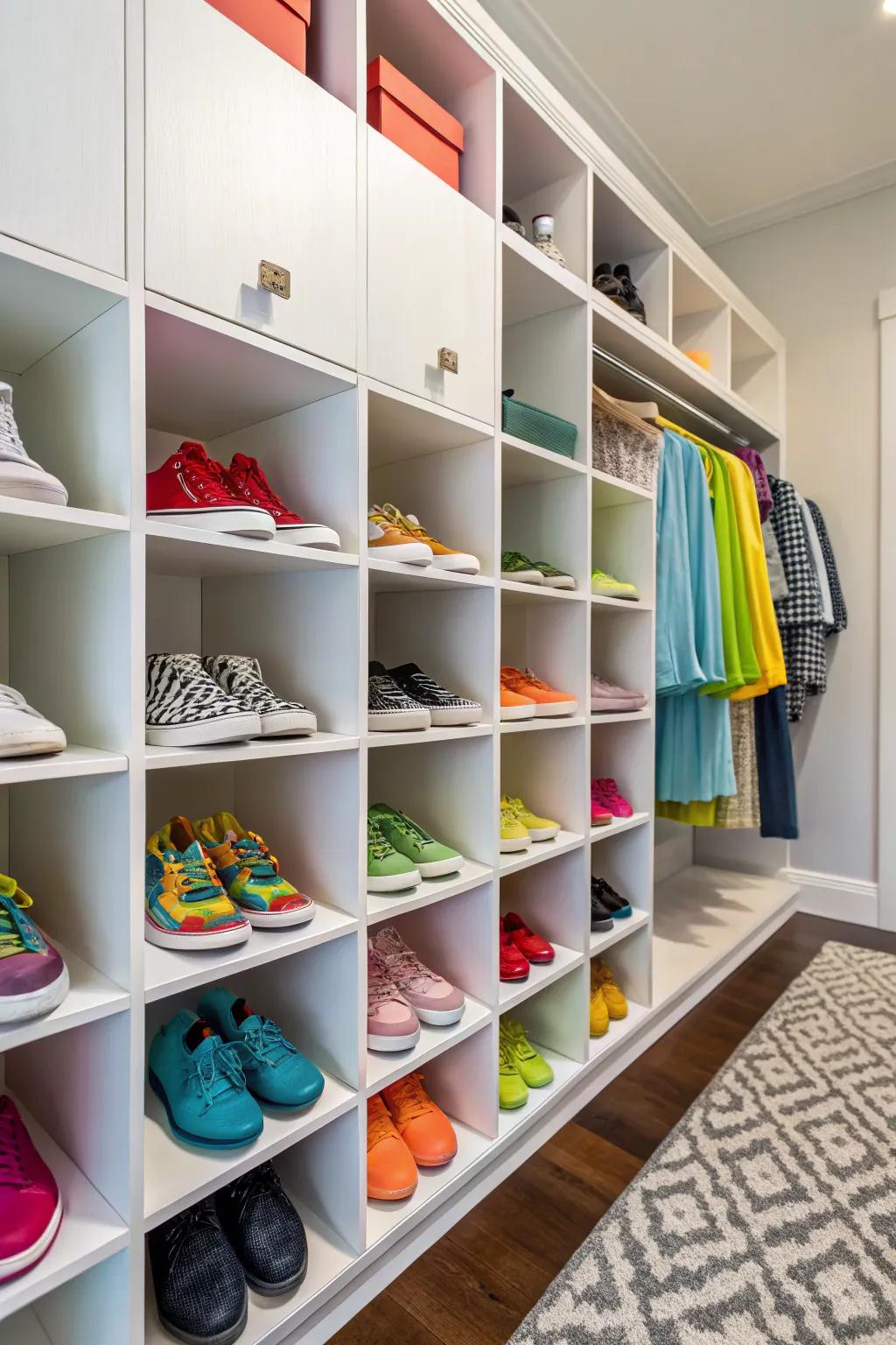 Cubbyholes add a playful charm to your shoe organization.