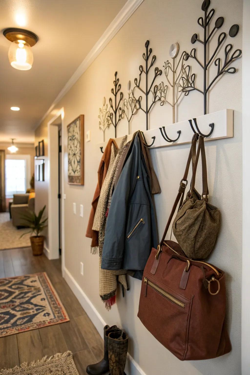 Wall hooks keep your essentials within reach.