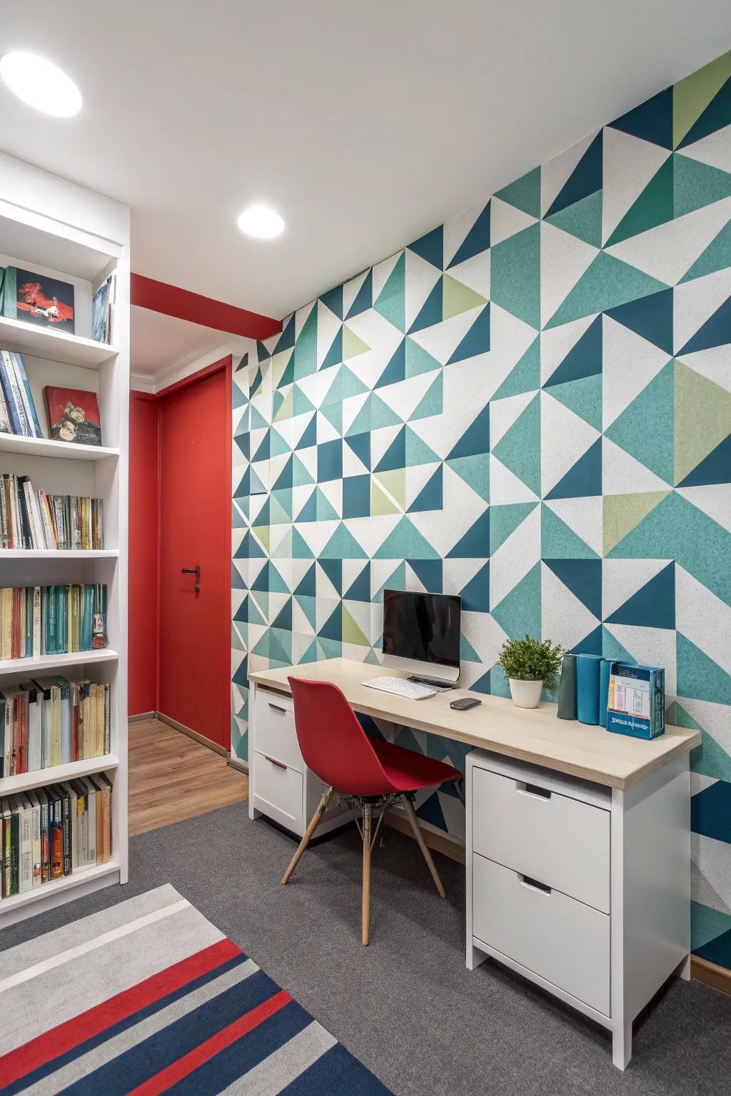 A lively study with geometric wallpaper and bold accent walls.