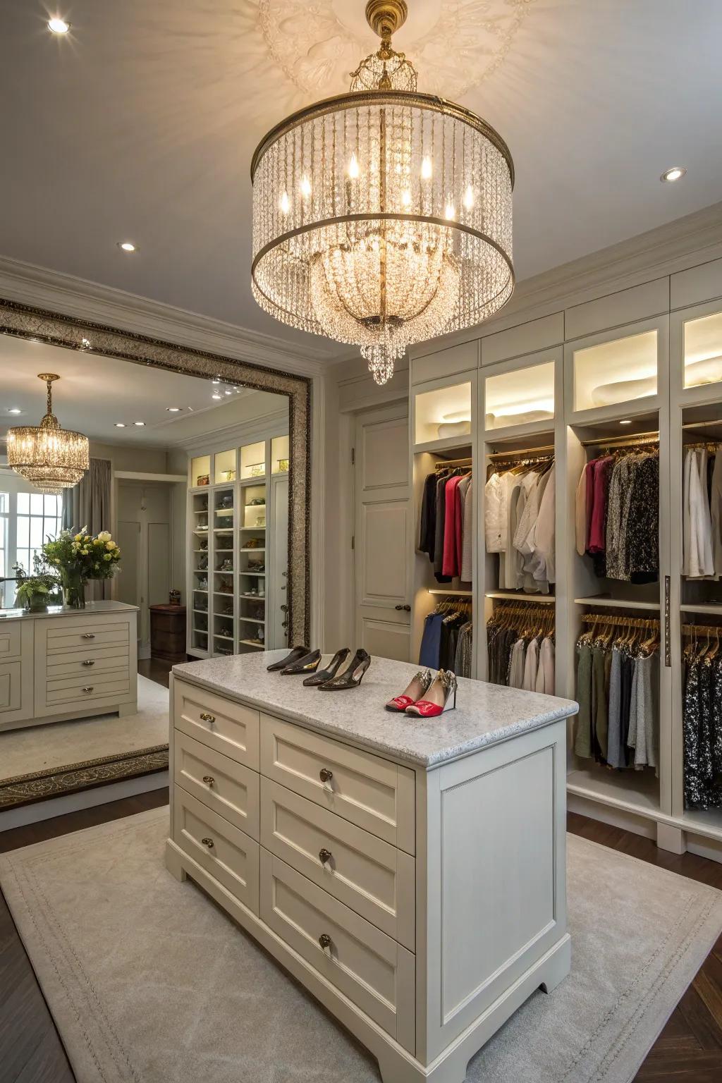 A chandelier adds elegance and charm to a wardrobe room.