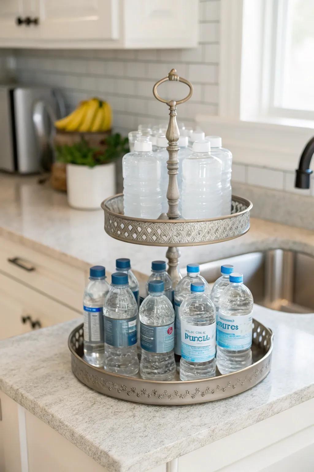 Chic tiered tray perfectly organizing water bottles