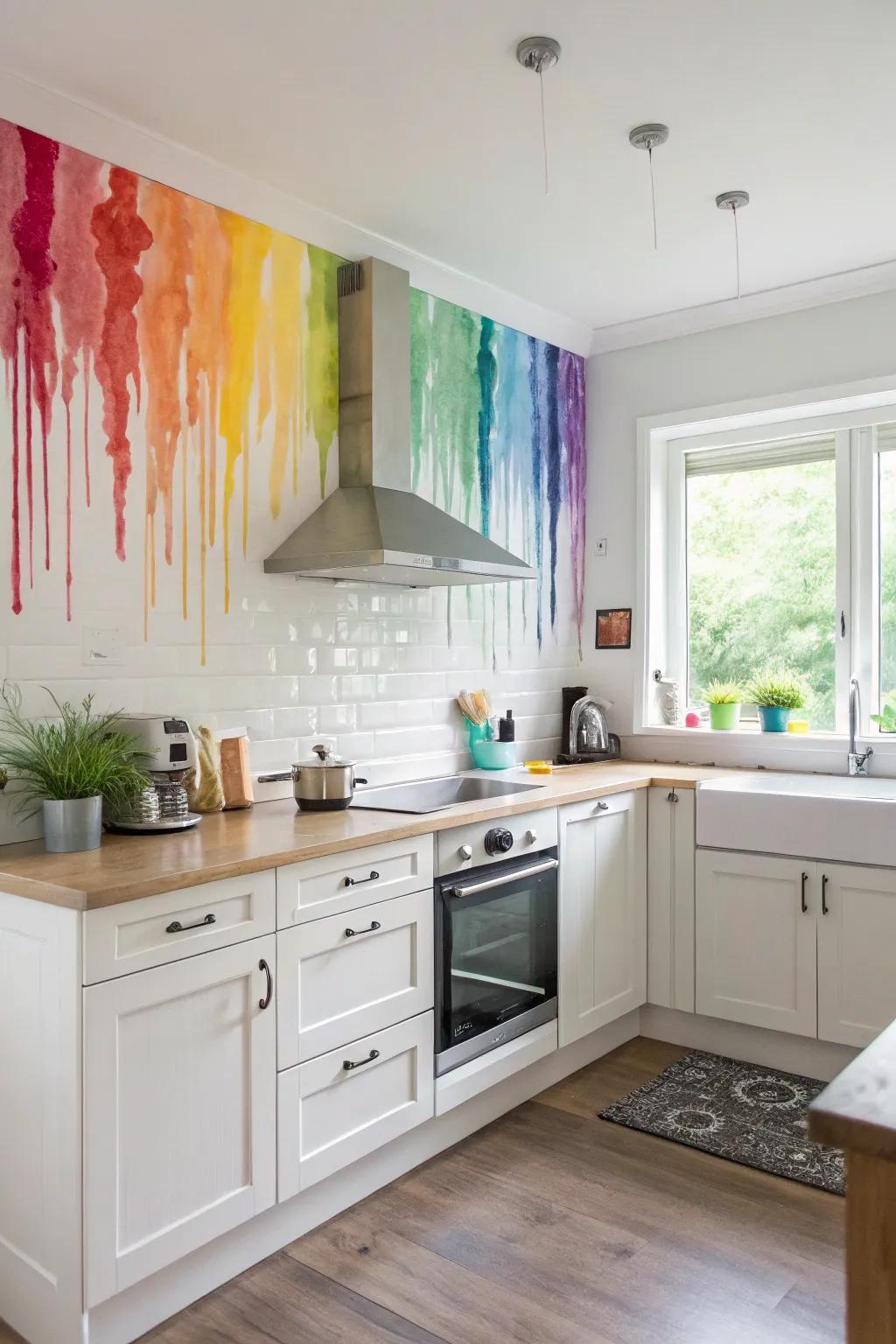 Dynamic drip watercolor background adds motion to a bright kitchen.