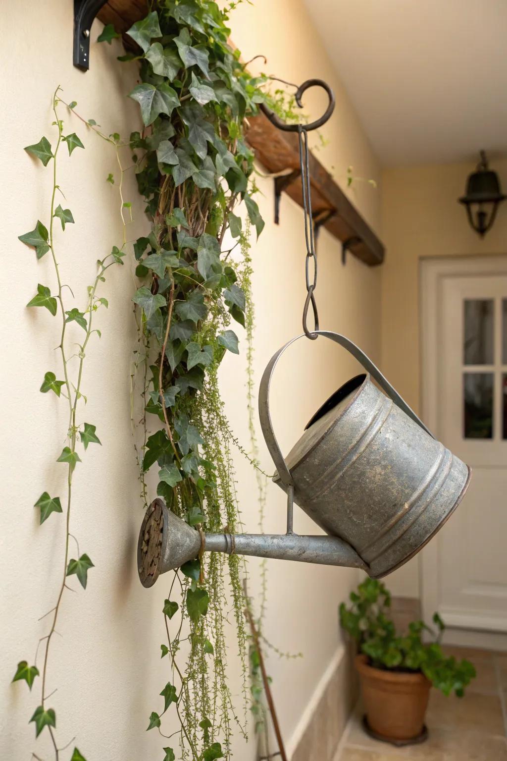 Cascade of ivy transforms a watering can into a living waterfall.