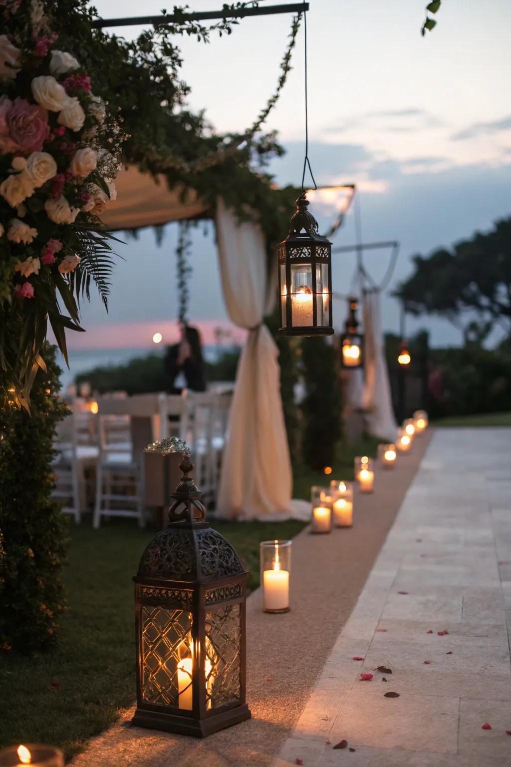 A romantic candlelit wedding aisle setting.