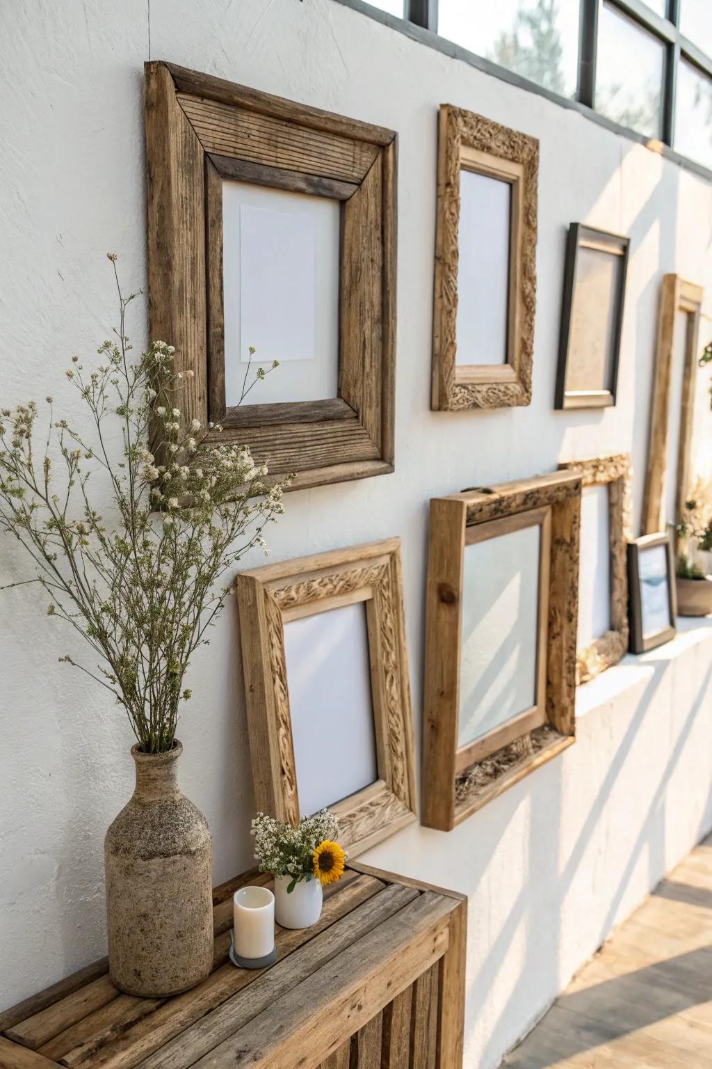 Capture memories in style with a gallery of handcrafted frames, perfect for your wedding guests' notes and photos.