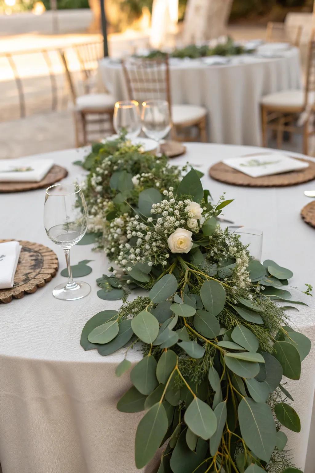 Greenery runners offer a fresh, natural look, ideal for garden-themed weddings.