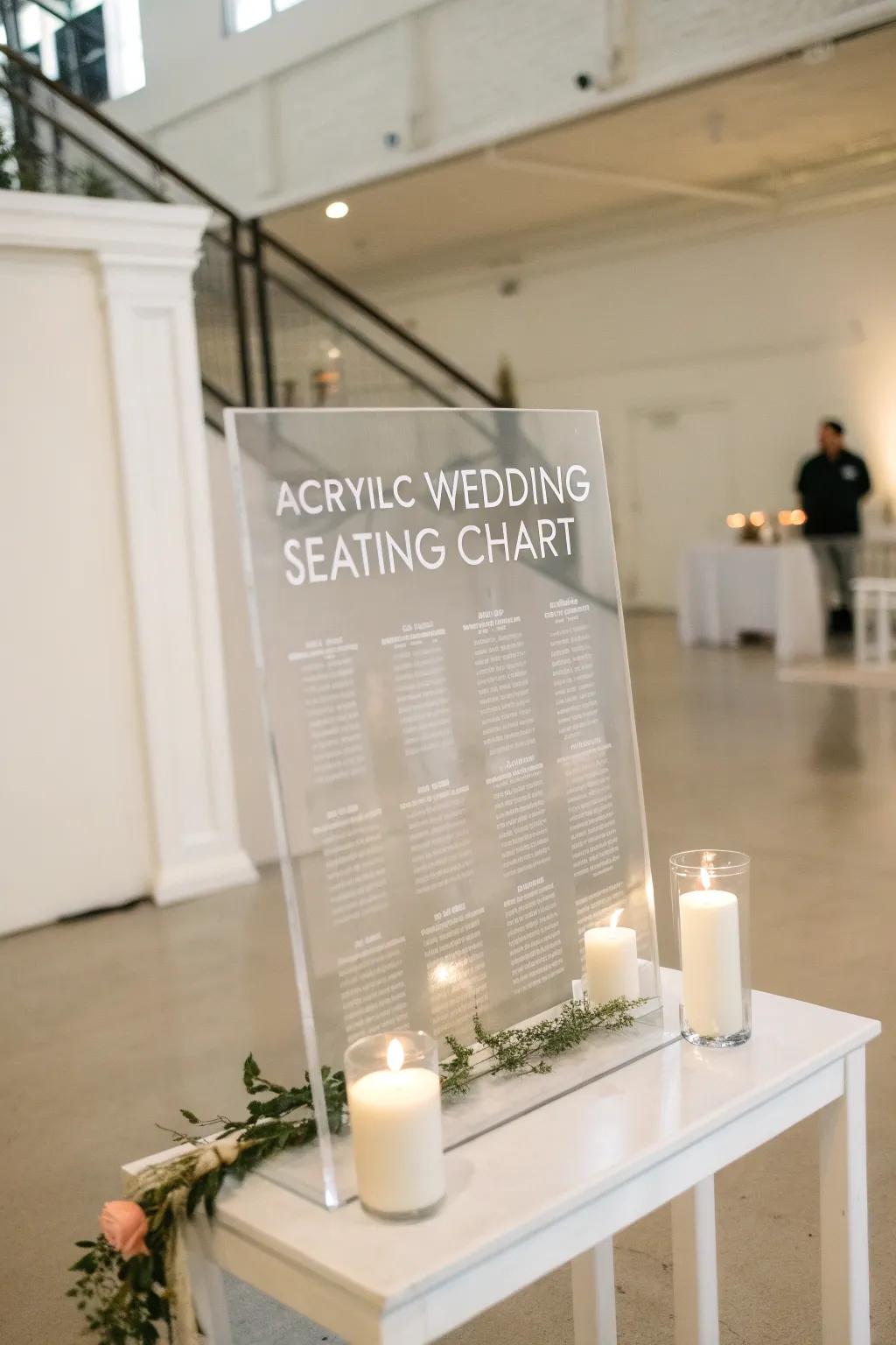 An acrylic seating chart gleaming under soft lights, perfect for a minimalist wedding venue.